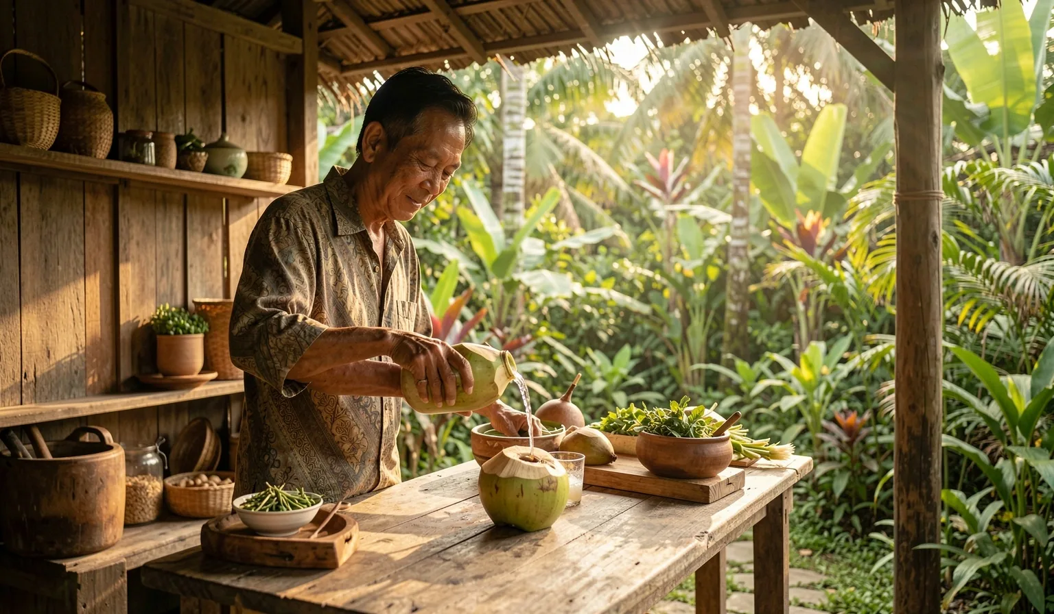Pria dewasa menuangkan air kelapa segar di dapur tradisional