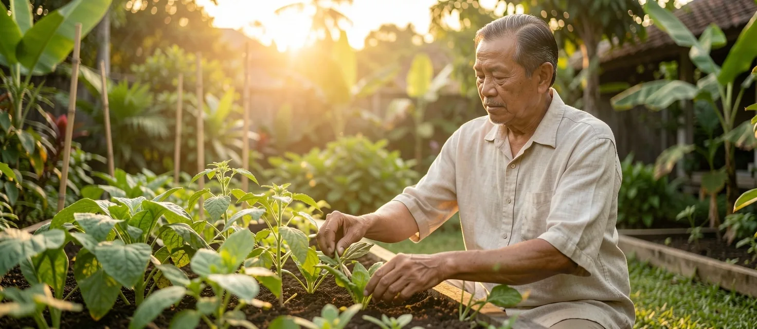 Pria berkebun di halaman rumah