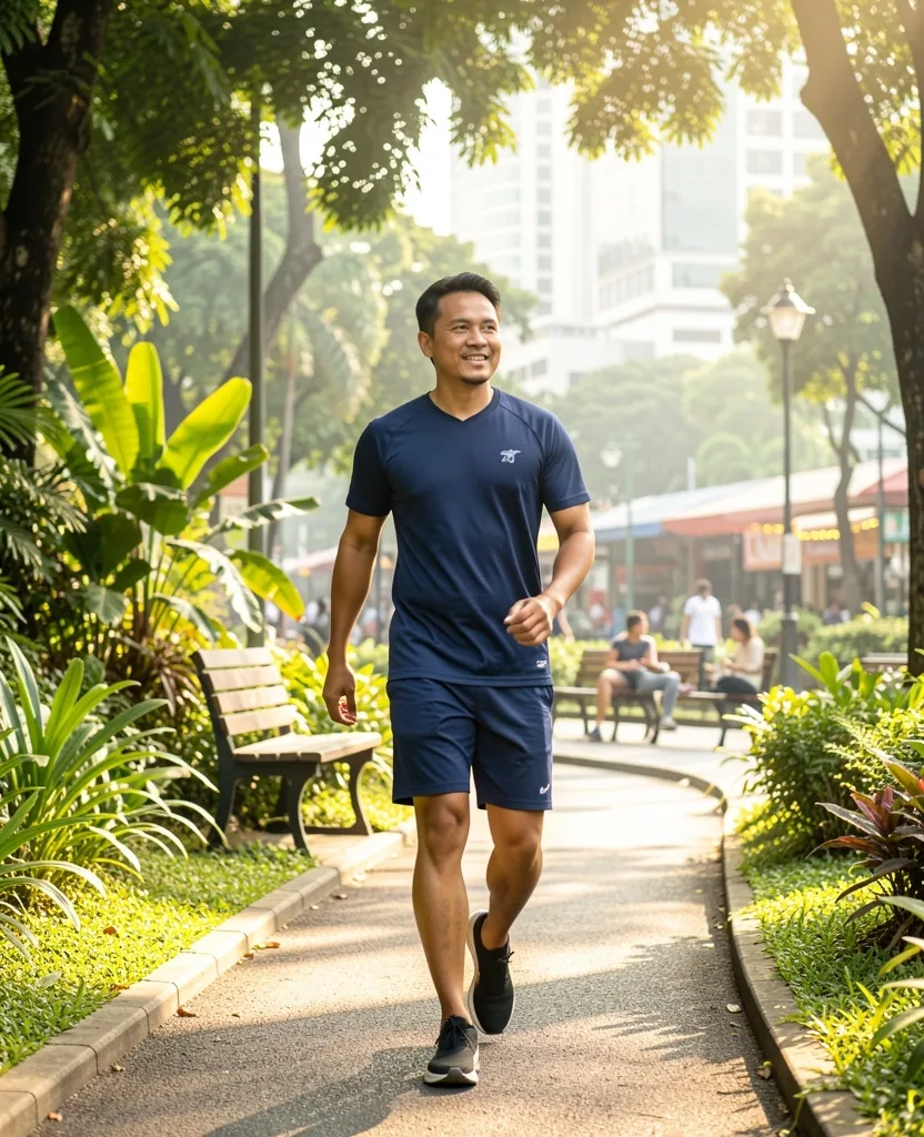 Pria berjalan cepat di taman kota