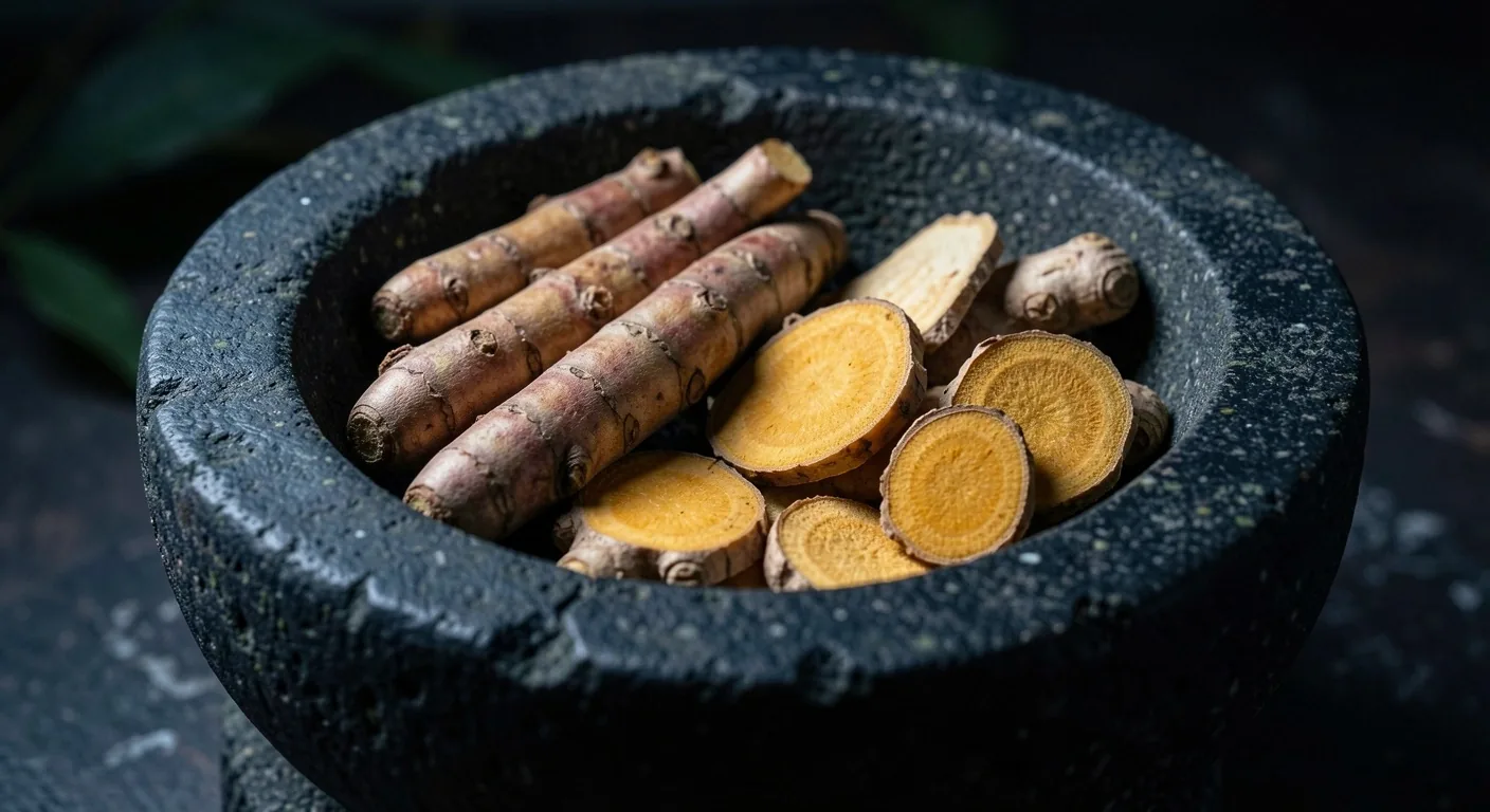 Bahan alami tradisional Indonesia pada cobek batu gelap