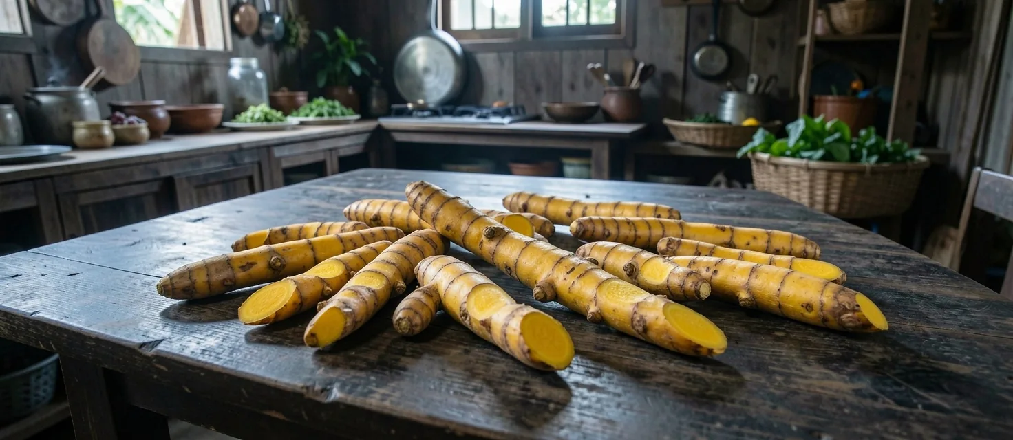 Umbi kunyit segar tersebar di atas kayu gelap