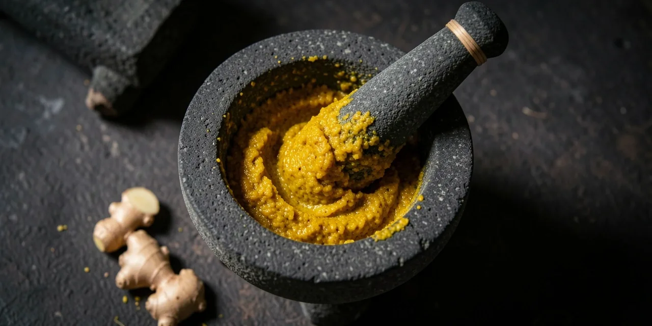 Cobek batu dengan pasta jahe dan kunyit yang baru digiling