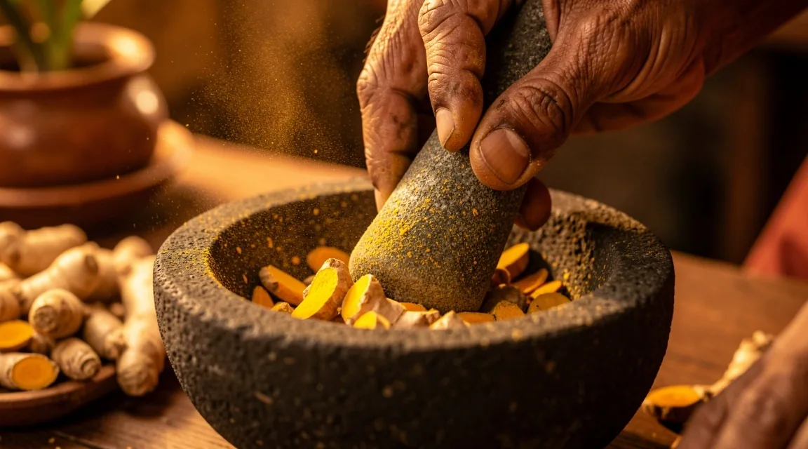 Tangan menggiling rempah pada cobek batu tradisional